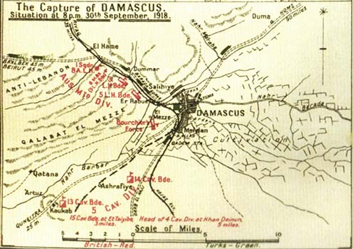 Damaszkusz elfoglalásáról készített brit vázlat az 1918. szeptember 30., délután 8 órai helyzetről
