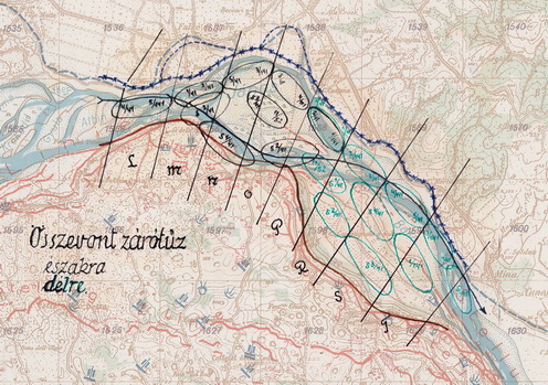 Az összevont zárótűz „észak” (fekete) és „dél” (zöld) célkörzetei a tüzércsoportba tartozó ütegeknek. Király Iván vázlata egy korabeli térképre illesztve