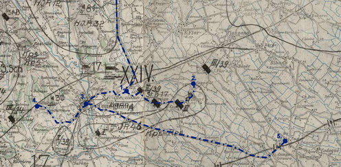 A korabeli térképen jó látszik, hogy a 46-osok két zászlóalja volt hadtesttartalékban a környéken 1918 május végén és június elején.