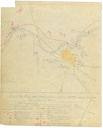 Kókay László által a naplójában készített vázlat a császári és királyi szegedi 46. gyalogezred San Martino del Carso előtt lévő állásairól 1916. március havában