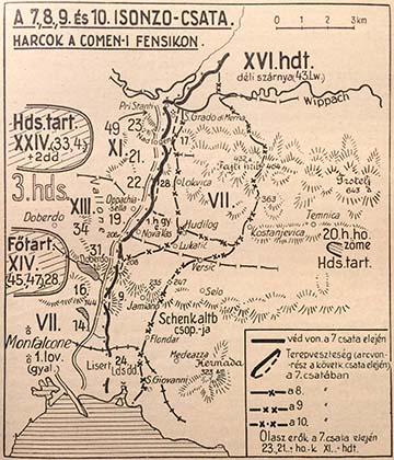 A Komeni-fennsík vázlata a 7–10. isonzói csata időszakában. A napló a 10. isonzói csata előtti napokban játszódik