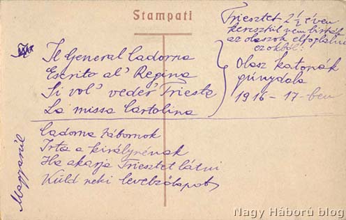A szövegben említett Il General Cadorna című gúnydal szövege Kókay László hagyatékából egy Triesztet ábrázoló képeslap hátoldalán