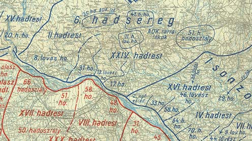 Kölcsönös harctéri helyzet a délnyugati front Piave menti érintett területén 1918. június 15-én, az offenzíva megindulásakor. Kókay László alakulata, a 17. rohamzászlóalj és a cs. és kir. szegedi 46. gyalogezred a 17. hadosztályba tartozott, mely a XXIV. hadtest alárendeltségében működött, ez pedig a József főherceg vezetése alatt álló 6. hadsereg része volt. A térképvázlaton látható a Kókay László által a Montellóról megfigyelt és emlegetett 33. hadosztály is, amely a Papadopoli-szigetnél sikertelenül próbált átkelni a Piavén