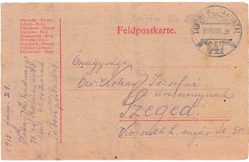 A szövegben említett, valójában piros 1918. június 21-ei datálású „egészséges lap” Kókay László hagyatékából