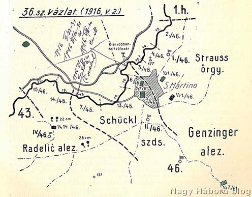 A szegedi 46-os gyalogezred védelmi szakasza San Martino előtt 1916. május 2-án. A vázlaton Kókay László kézírása látható az általa állásban töltött időszakok és helyek jelölésével.