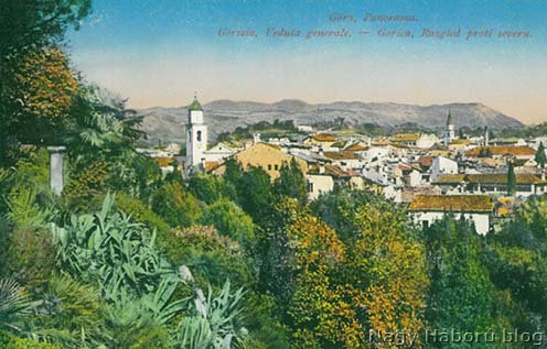 Görz panorámája korabeli képeslapon, háttérben a Monte Sabotino