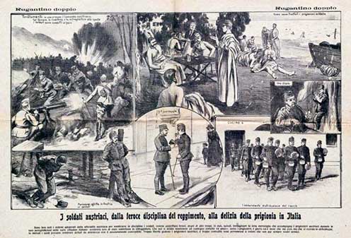 Olasz propagandarajz. Felirata: „Osztrák katonák az ezred vasfegyelmétől az olaszországi fogság öröméig”