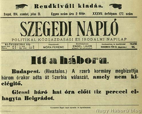 A Szegedi Napló 1914. július 25-ei rendkívüli kiadása a nem kielégítő szerb válaszról