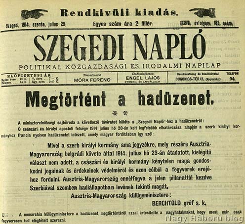 A Szegedi Napló 1914. július 29-ei rendkívüli kiadása a Szerbia elleni hadüzenetről