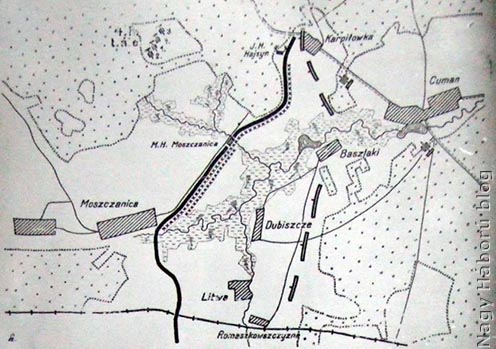 Tüzérezredünk Karpilowka előtt 1915. október hó 10-én. Fent a baloldalon látható erdőtisztáson lettek felállítva az ezred négy ütegének lövegállásai.