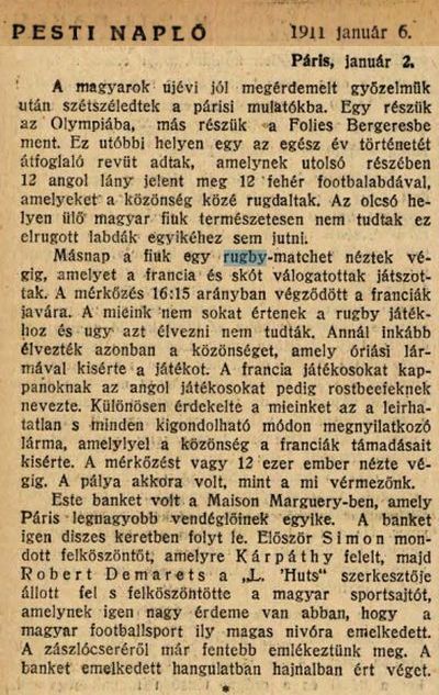 A Pesti Napló 1911. január 6-án megjelent számának cikke