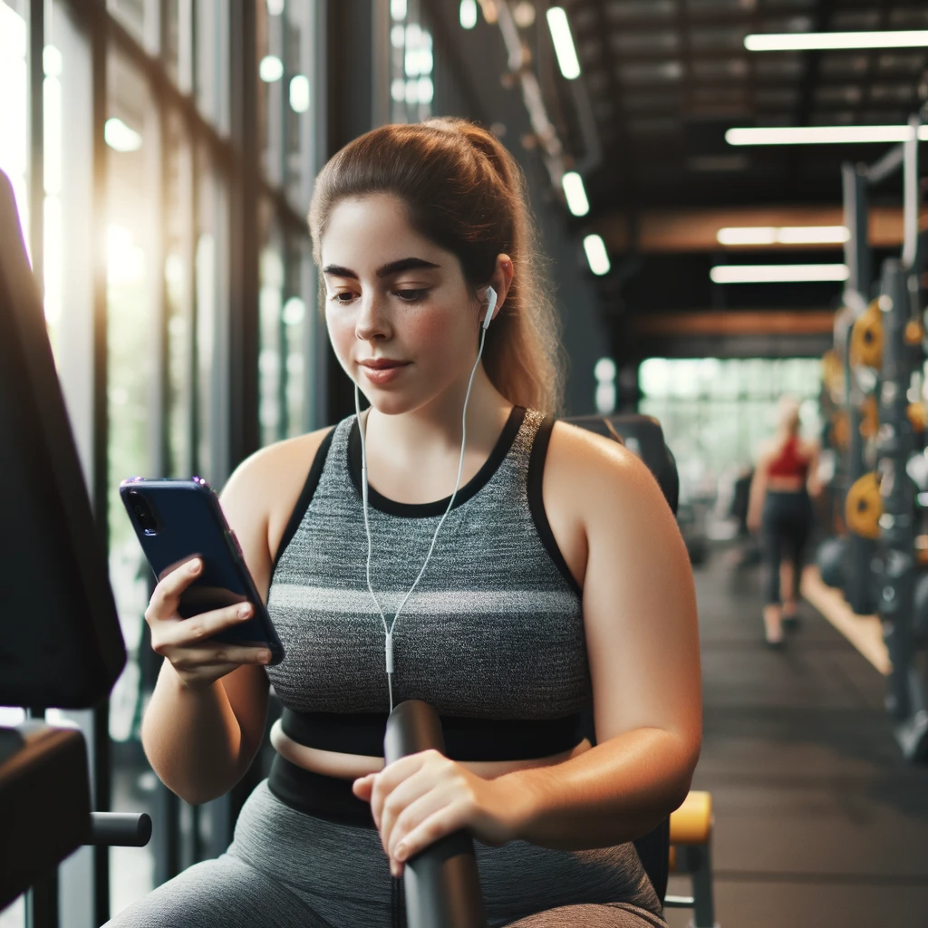 dall_e_2024-01-10_14_34_30_an_image_of_a_slightly_overweight_woman_using_a_gym_machine_focused_on_watching_her_phone_she_appears_engaged_and_motivated_with_the_phone_screen_s.png