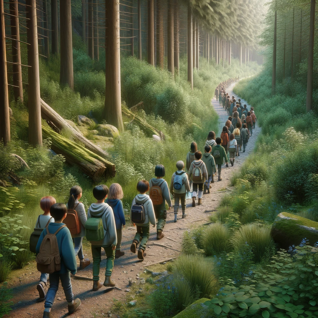 dall_e_2024-02-03_14_07_41_a_photorealistic_image_of_a_group_of_children_walking_in_a_row_along_a_narrow_forest_path_the_path_is_a_small_winding_trail_through_a_dense_green_f.webp