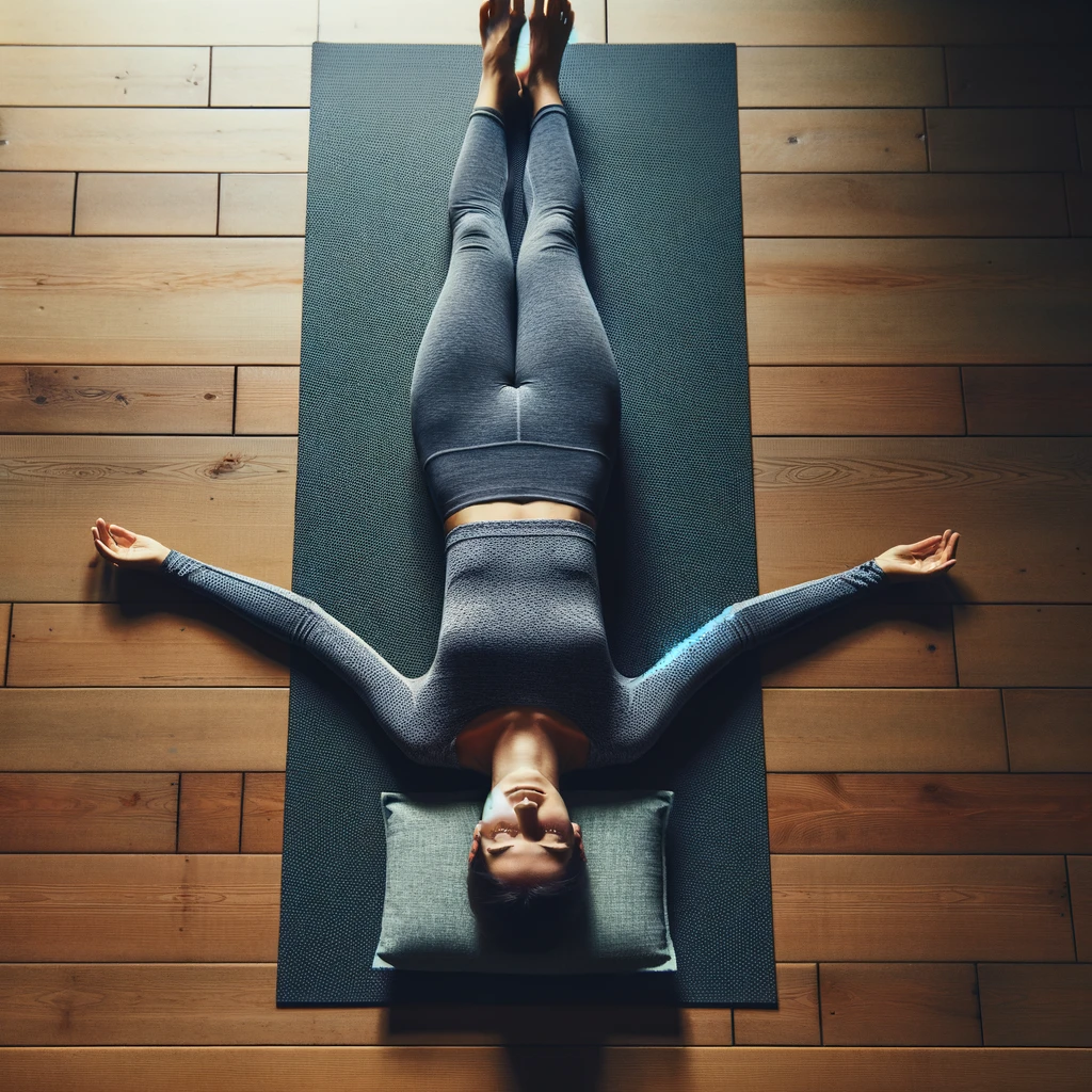 dall_e_2024-02-05_19_04_53_an_image_of_a_person_in_a_yoga_savasana_pose_viewed_from_above_the_person_is_lying_flat_on_their_back_with_their_arms_closer_to_the_body_almost_tou.webp