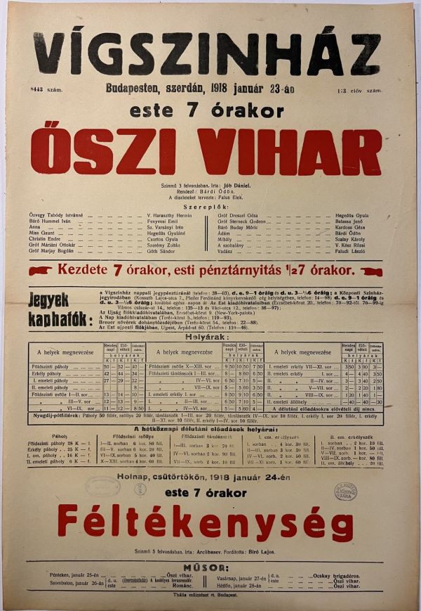 Jób Dániel: Őszi vihar, bem.: Vígszínház, 1918. január 19. Színlap – Színháztörténeti és Zeneműtár Színháztörténeti gyűjtemény