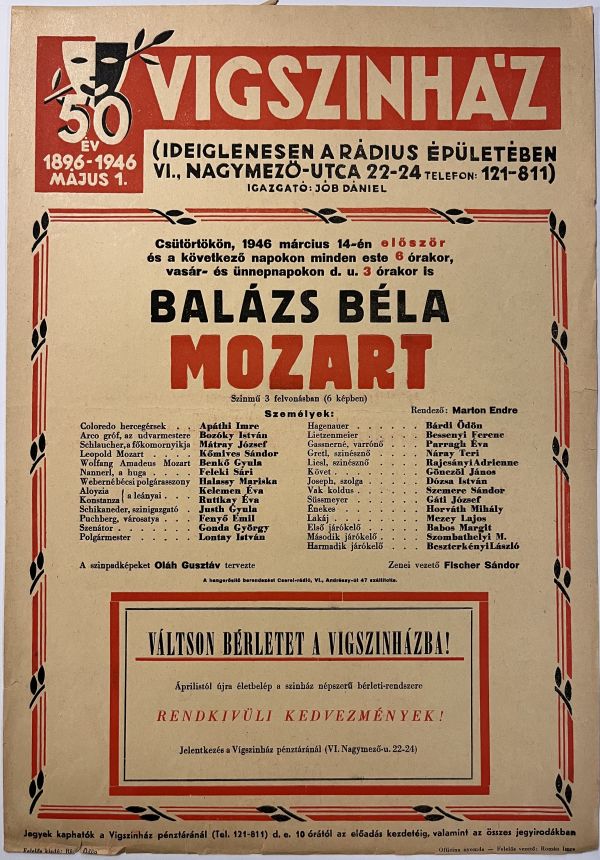 Balázs Béla: Mozart, bem.: Vígszínház (a Radius mozi épületében) 1946. március 4. Színlap – Színháztörténeti és Zeneműtár Színháztörténeti gyűjtemény