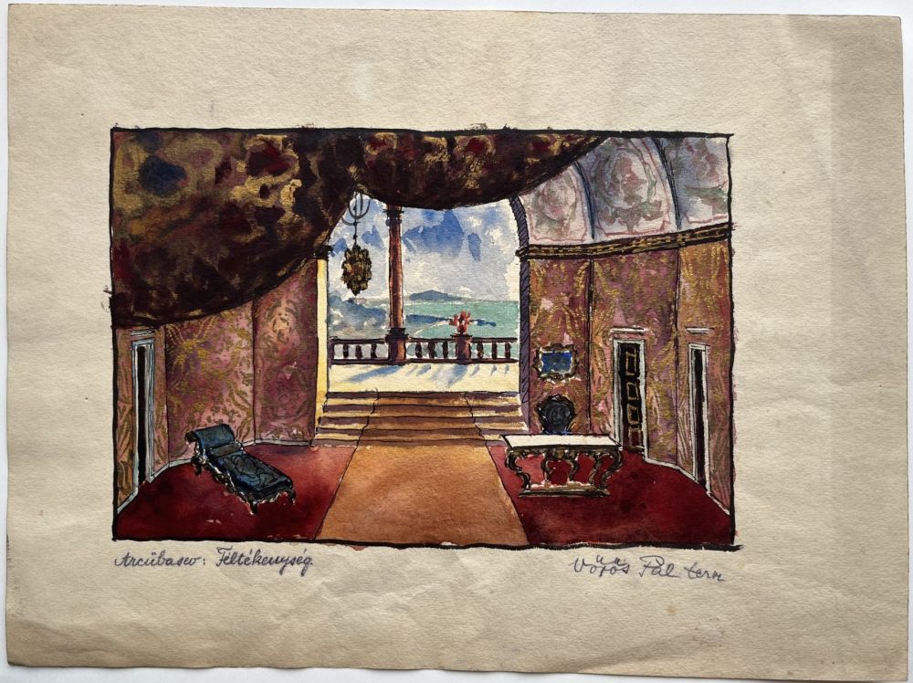 Féltékenység Vörös Pál díszletterve Mihail Petrovics Arcübasev Féltékenység című darabjához, bem.: Vígszínház, 1917. szeptember 19. Jelzet: KE 12.878 – Színháztörténeti és Zeneműtár Színháztörténeti gyűjtemény