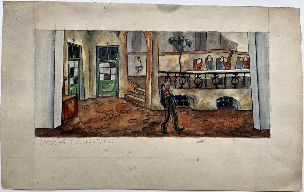 Az üvegcipő. Málnai Béla díszletterve Molnár Ferenc Az üvegcipő c. darabjához, bem.: Vígszínház 1924. november 15. Jelzet: KE 12.792 – Színháztörténeti és Zeneműtár Színháztörténeti gyűjtemény