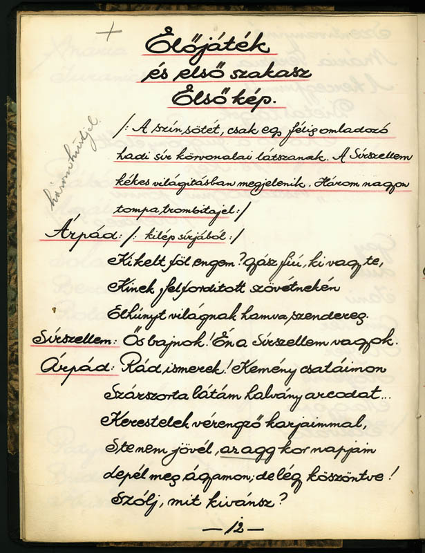 Hevesi Sándor rendezőpéldánya: Árpád ébredése. Magyar históriai képek a magyar játékszínen, Vörösmarty Mihály előjátékával színpadra alkalmazta Hevesi Sándor (belső oldal) Nemzeti Színház, 1928. – Színháztörténeti Tár NSZ A 205/1