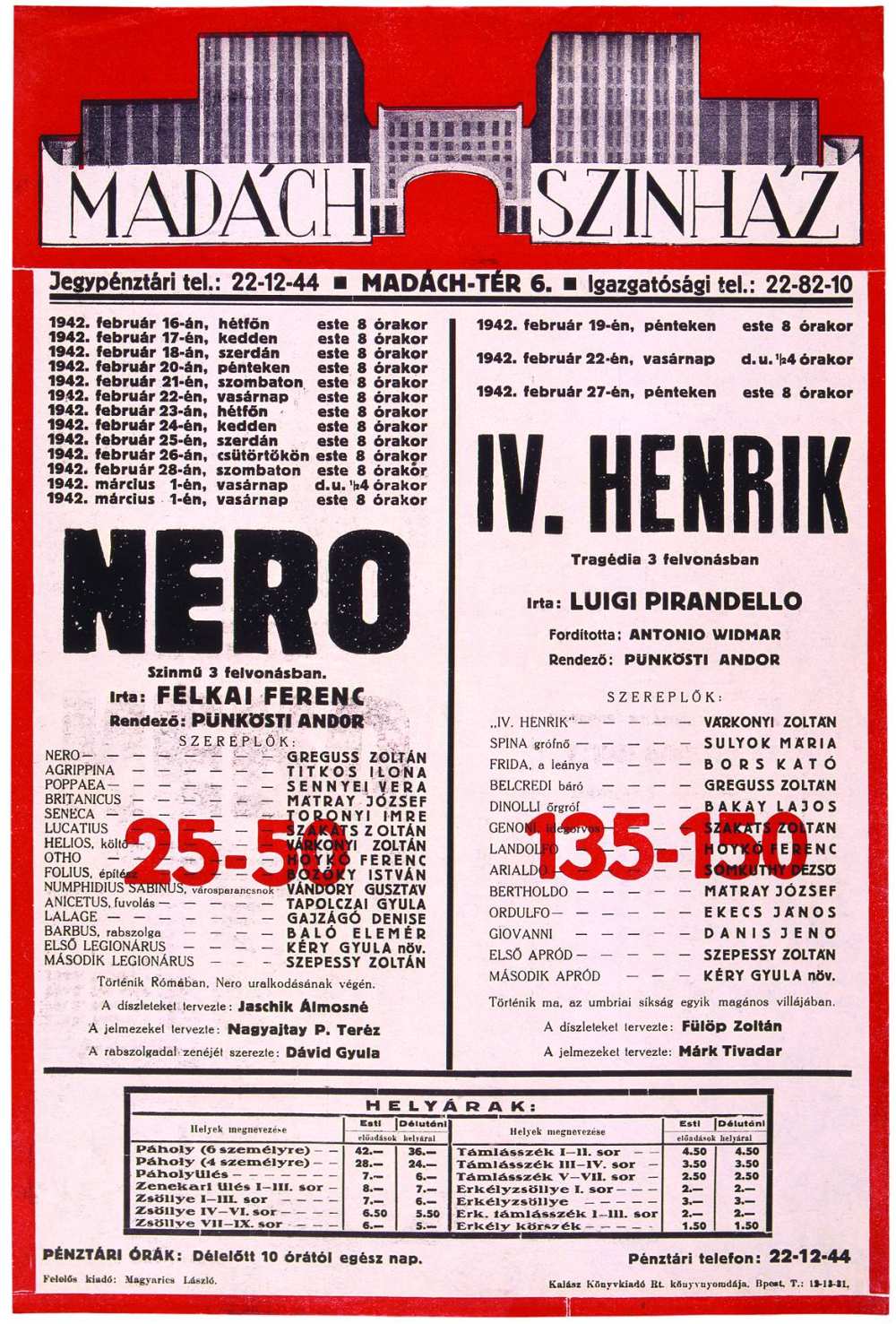 A Pünkösti Andor irányította Madách Színház színlapja 1942-ből