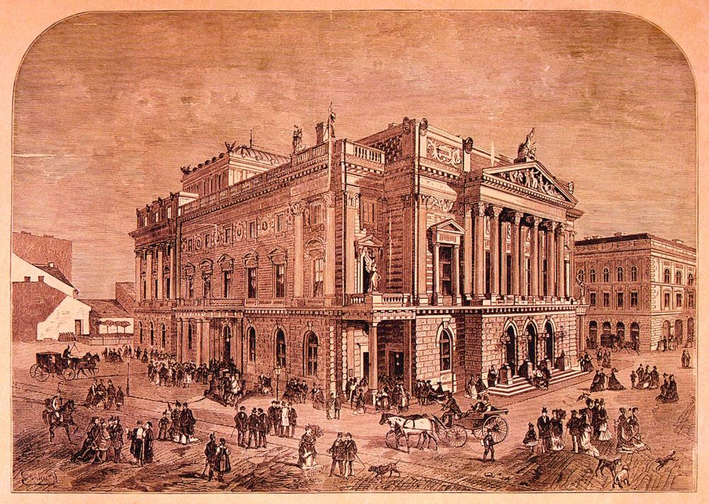 A Népszínház épülete a későbbi Blaha Lujza téren, 1875. Pollák Zsigmond fametszete Elischer Lajos rajza után&lt;br /&gt;
