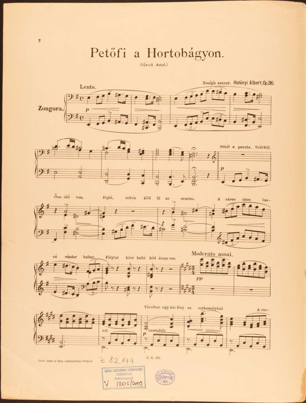 Hetényi Albert: Petőfi a Hortobágyon, Op. 36. Költemény Váradi Antaltól. In: Melodrámák. Hatásos szavalatok gyűjteménye zongorakísérettel, Budapest, Rózsavölgyi Károly, [s. a.] – Színháztörténeti és Zeneműtár, Z 82.177