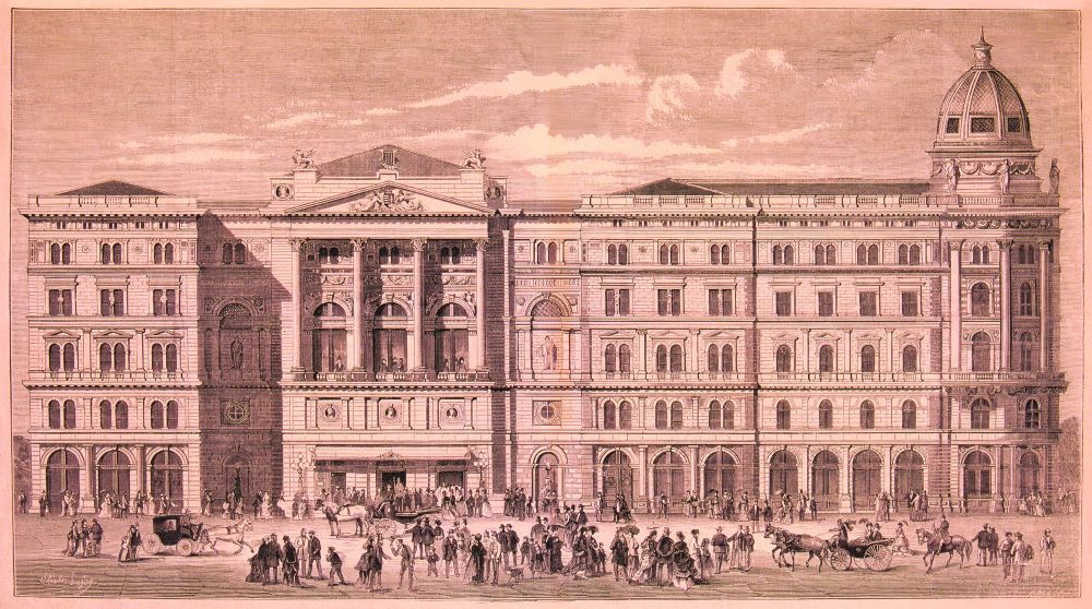 A Nemzeti Színház átépített homlokzata, 1876. Pollák Zsigmond fametszete Elischer Lajos rajza után