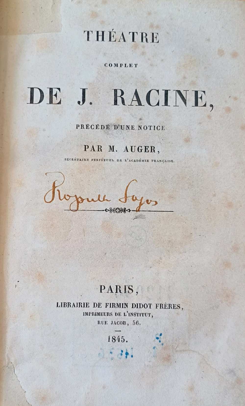 Théatre complet de J. Racine, Paris, Didot, 1845. Címlap – Törzsgyűjtemény https://nektar.oszk.hu/hu/manifestation/3150763
