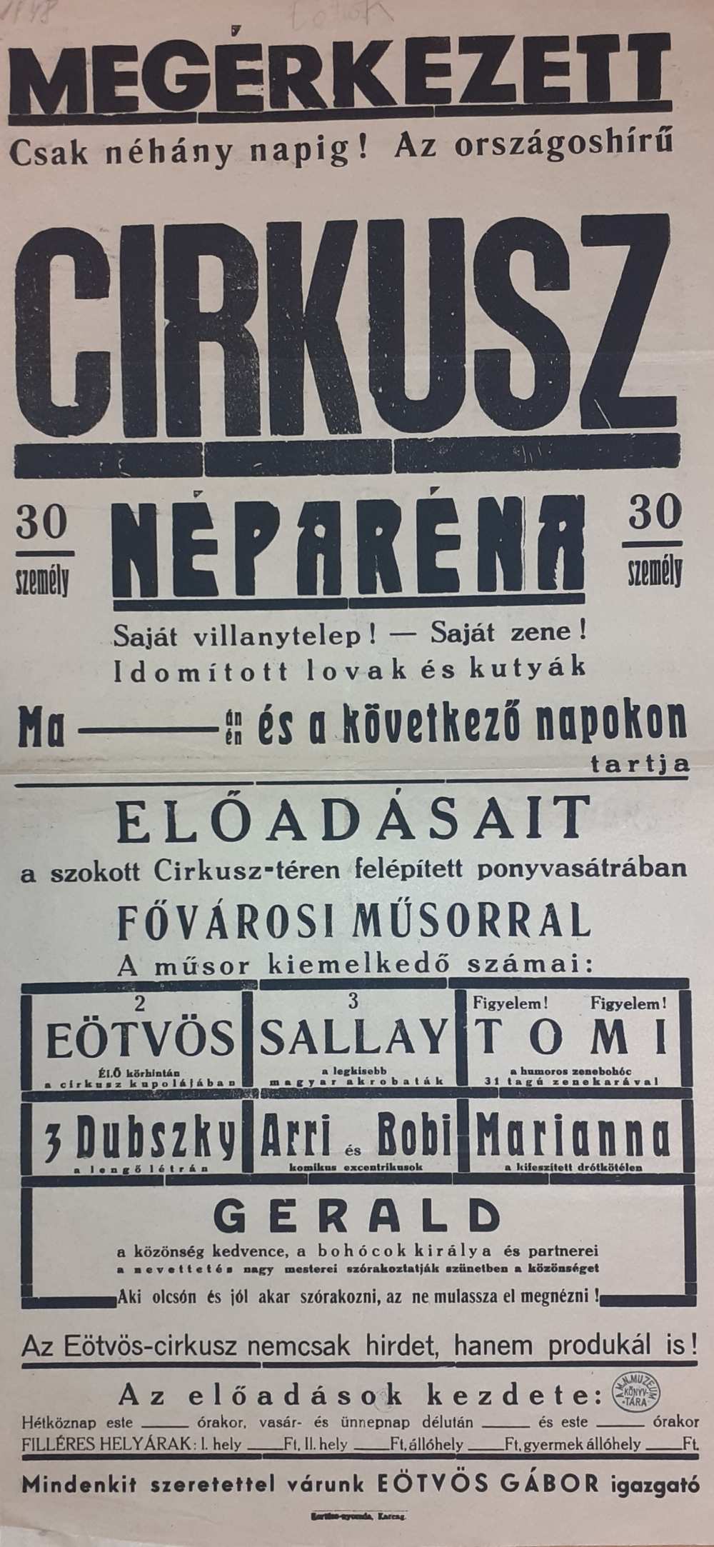 Az Eötvös Cirkusz színlapja. Karcag, 1948. – Színháztörténeti és Zeneműtár
