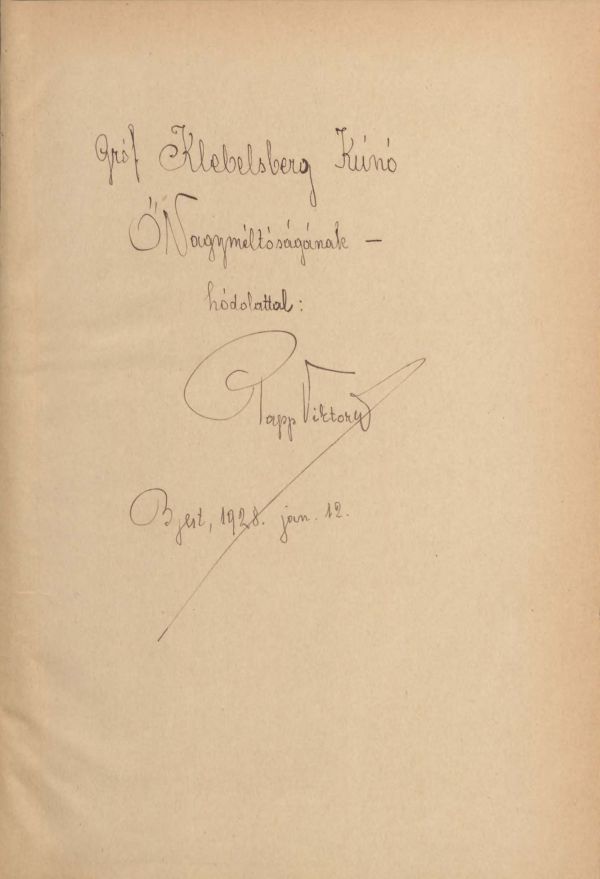 Papp Viktor: Beethoven és a magyarok, [Budapest], Szerző kiadása, 1927. A kötet belső címlapja a szerző gróf Klebelsberg Kunónak szóló dedikációjával – Magyar Elektronikus Könyvtár https://mek.oszk.hu/26200/26209