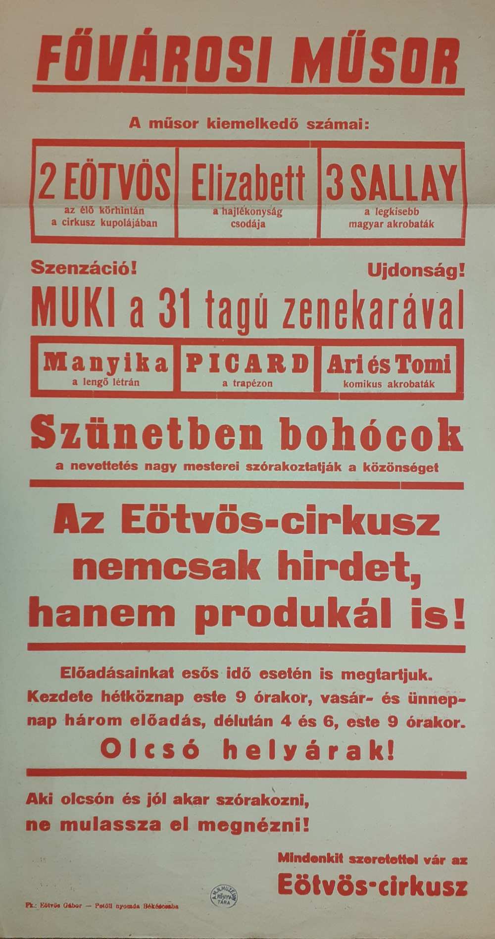 Az Eötvös Cirkusz színlapja. Békéscsaba, 1949. – Színháztörténeti és Zeneműtár