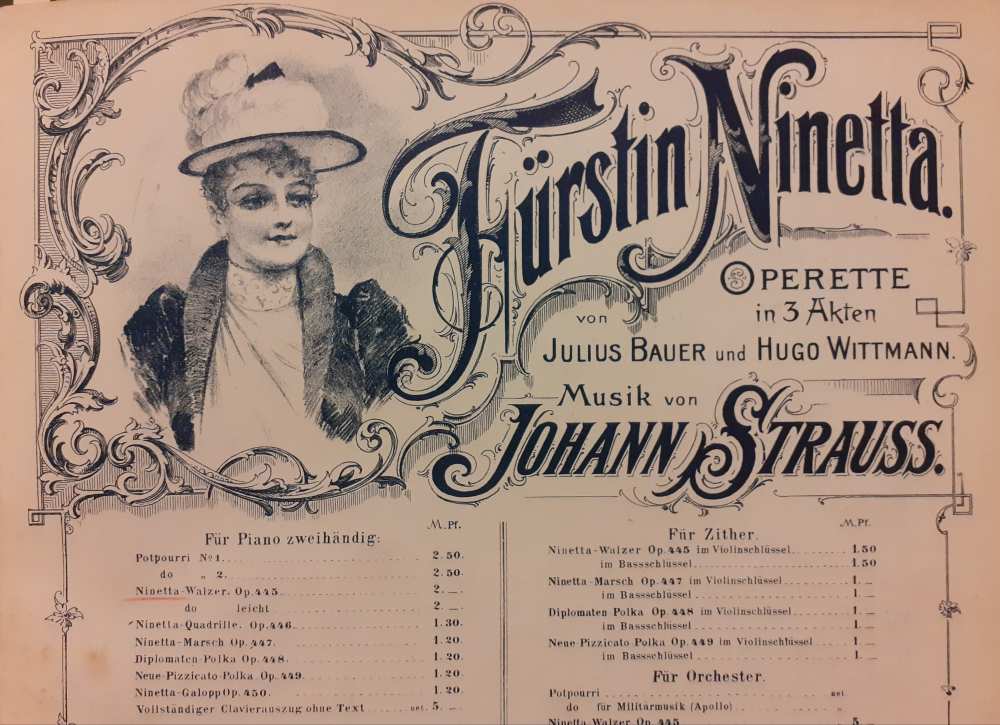 Kotta Pálmay Ilka stilizált arcképével. Johann Strauss: Fürstin Ninetta. Operette in 3 Akten von Julius Bauer und Hugo Wittmann. Aug. Cranz, Hamburg. Részlet – Színháztörténeti és Zeneműtár, zenei gyűjtemény Z 67.440 koll. 17.