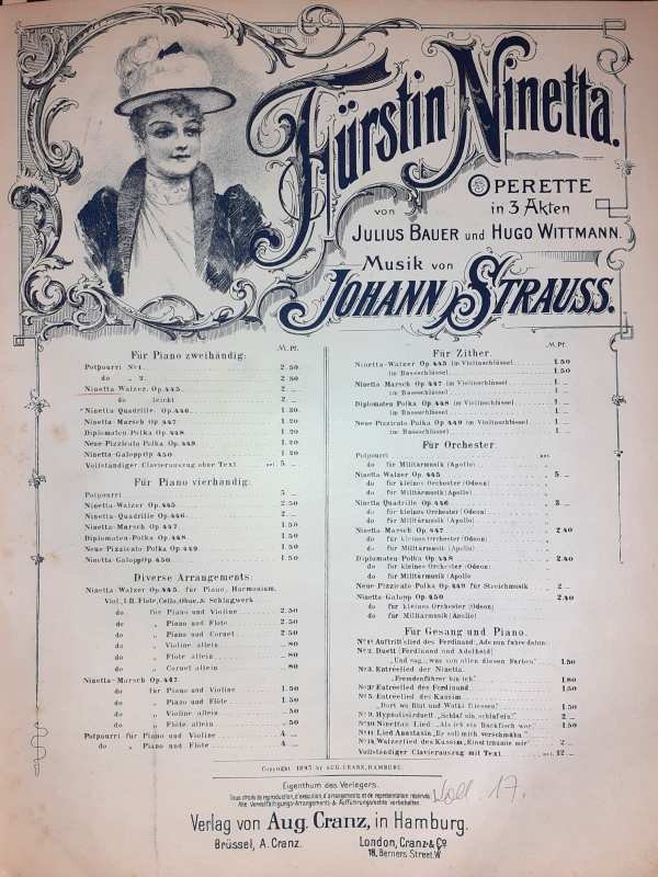 Johann Strauss: Fürstin Ninetta. Operette in 3 Akten von Julius Bauer und Hugo Wittmann. Aug. Cranz, Hamburg. Részlet – Színháztörténeti és Zeneműtár, zenei gyűjtemény Z 67.440 koll. 17.