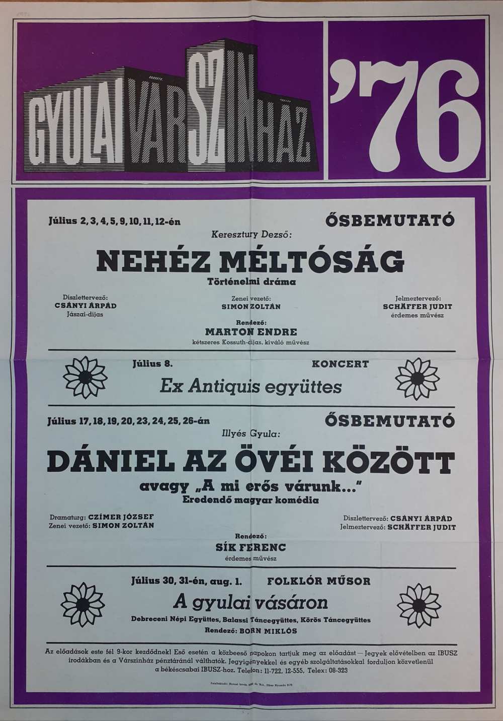 Nehéz méltóság. Gyulai Várszínház. 1976. Színlap – Színháztörténeti és Zeneműtár színlapgyűjtemény