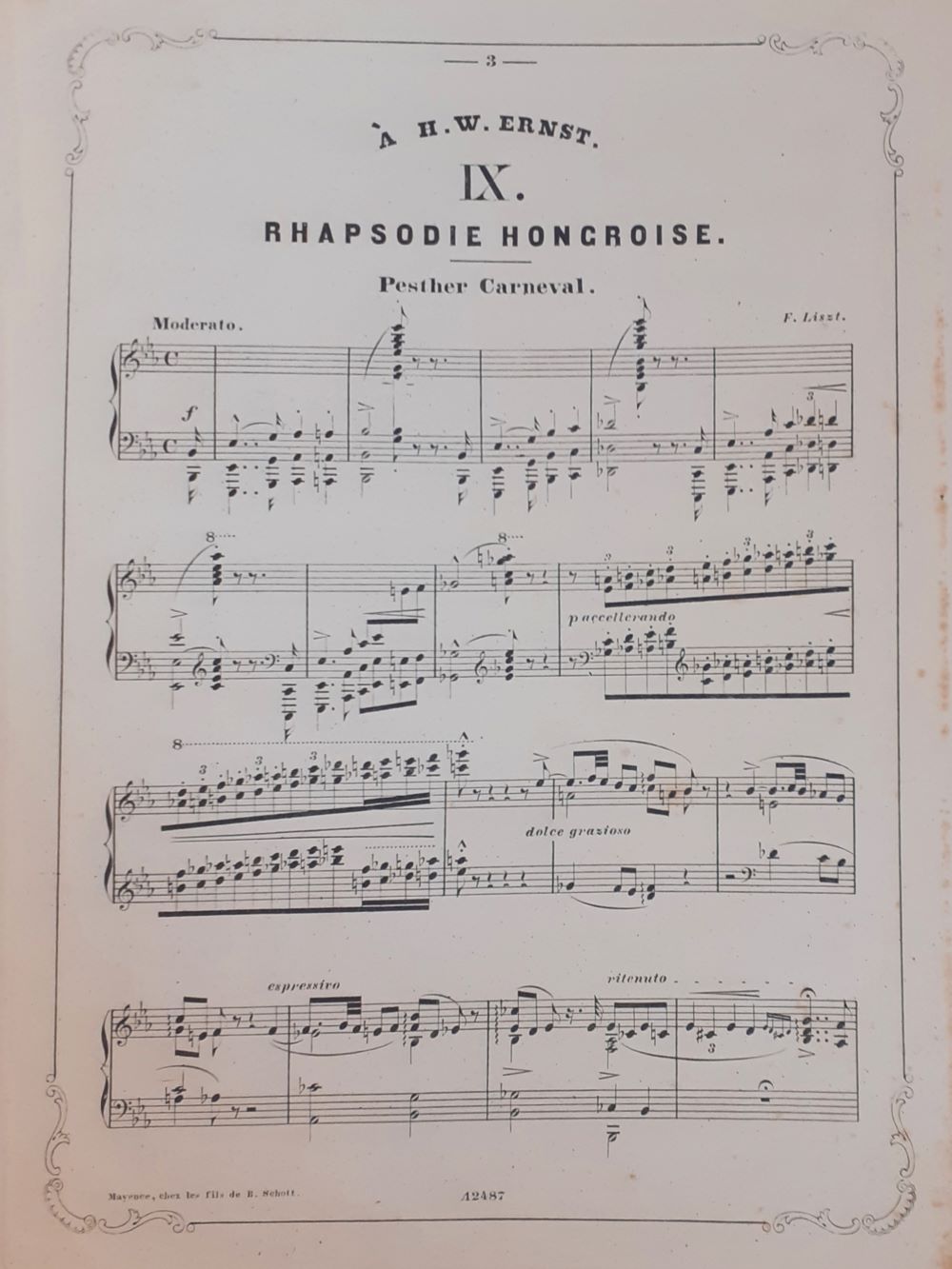Franz Liszt: IX. Rhapsodie Hongroise. Pesther Carneval, Mayence, B. Schott, s.a. Első kottaoldal. Jelzet: Mus. pr. 7614 – Színháztörténeti és Zeneműtár