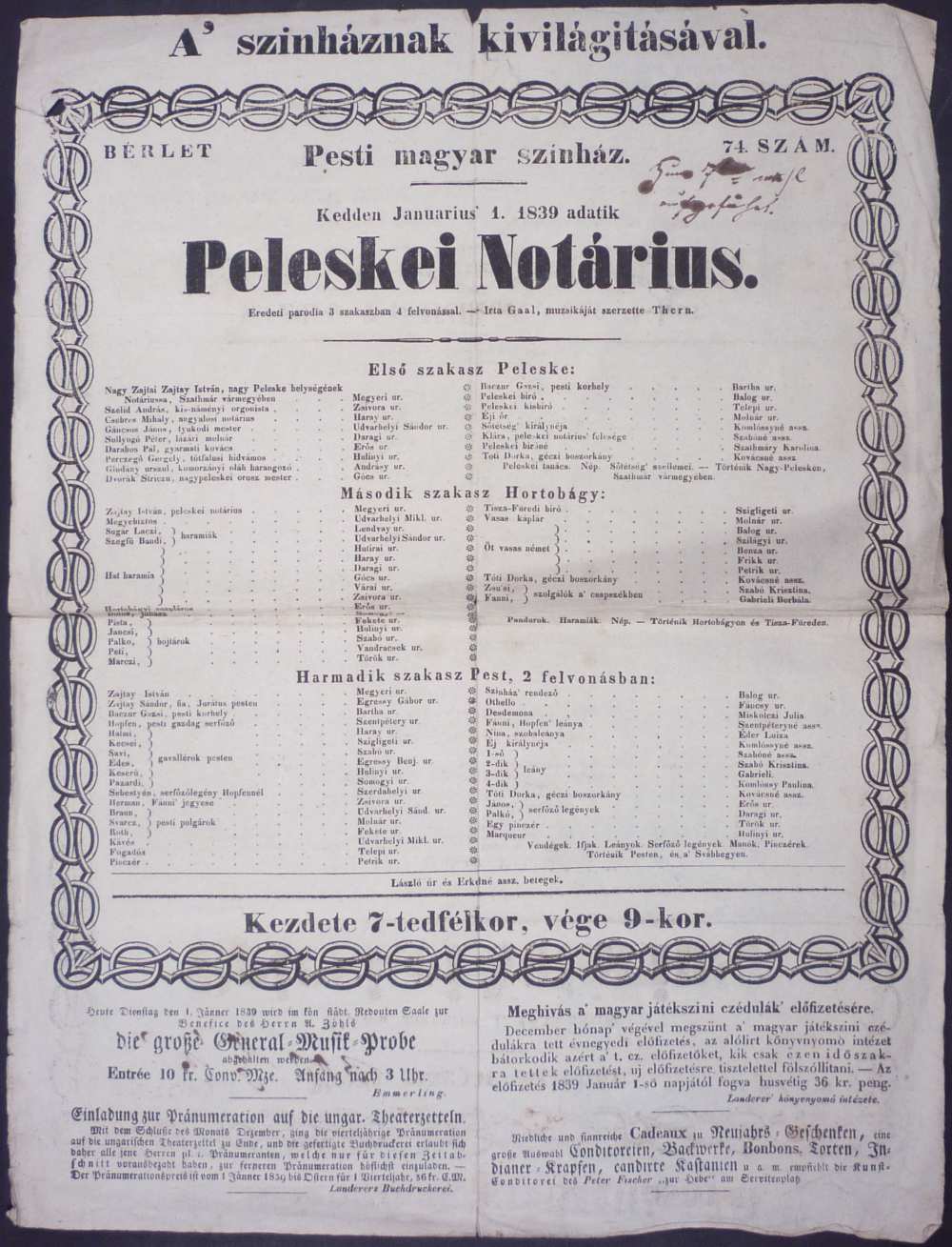  A Peleskei nótárius 1839. január 1-jei előadásának színlapja. – Színháztörténeti és Zeneműtár, Thern-hagyaték