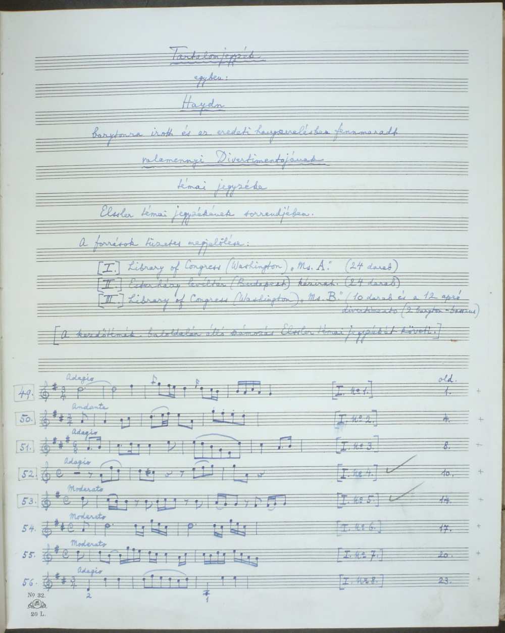 „Jos. Haydn: Divertimenti a tre (Baryton – Viola – Basso).  Tartalomjegyzék, egyben: Haydn barytonra írott és az eredeti hangszerelésben fennmaradt valamennyi Divertimentojának témai jegyzéke Elssler témai jegyzékének sorrendjében”. A jegyzék címoldala – Színháztörténeti és Zeneműtár, CSBM 1.653/1