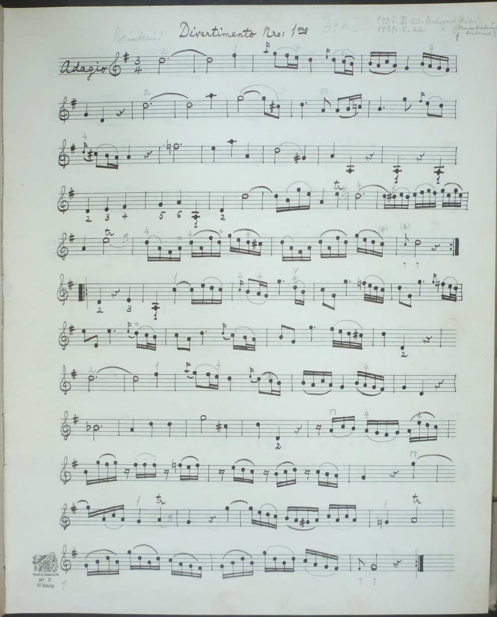 „Jos. Haydn: Divertimenti a tre (Baryton – Viola – Basso).  Tartalomjegyzék, egyben: Haydn barytonra írott és az eredeti hangszerelésben fennmaradt valamennyi Divertimentojának témai jegyzéke Elssler témai jegyzékének sorrendjében”. A jegyzék első kottaoldala, melyen Csuka Béla ceruzás bejegyzései láthatók, valamint a lap tetején két további hangverseny helye és dátuma – Színháztörténeti és Zeneműtár, CSBM 1.653/1