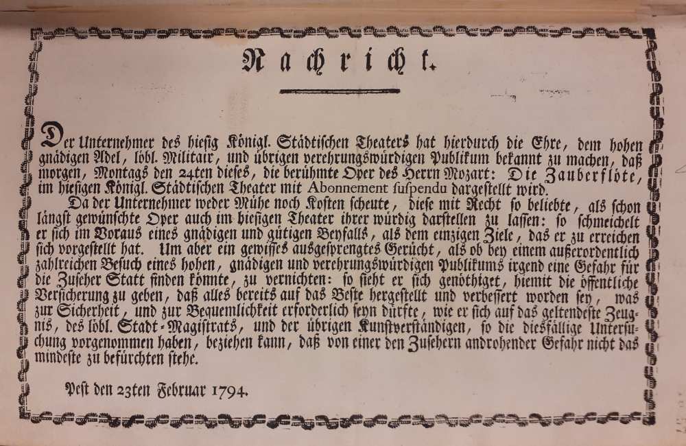 Nachricht – Színháztörténeti és Zeneműtár, színlapgyűjtemény, Pest, 1794.