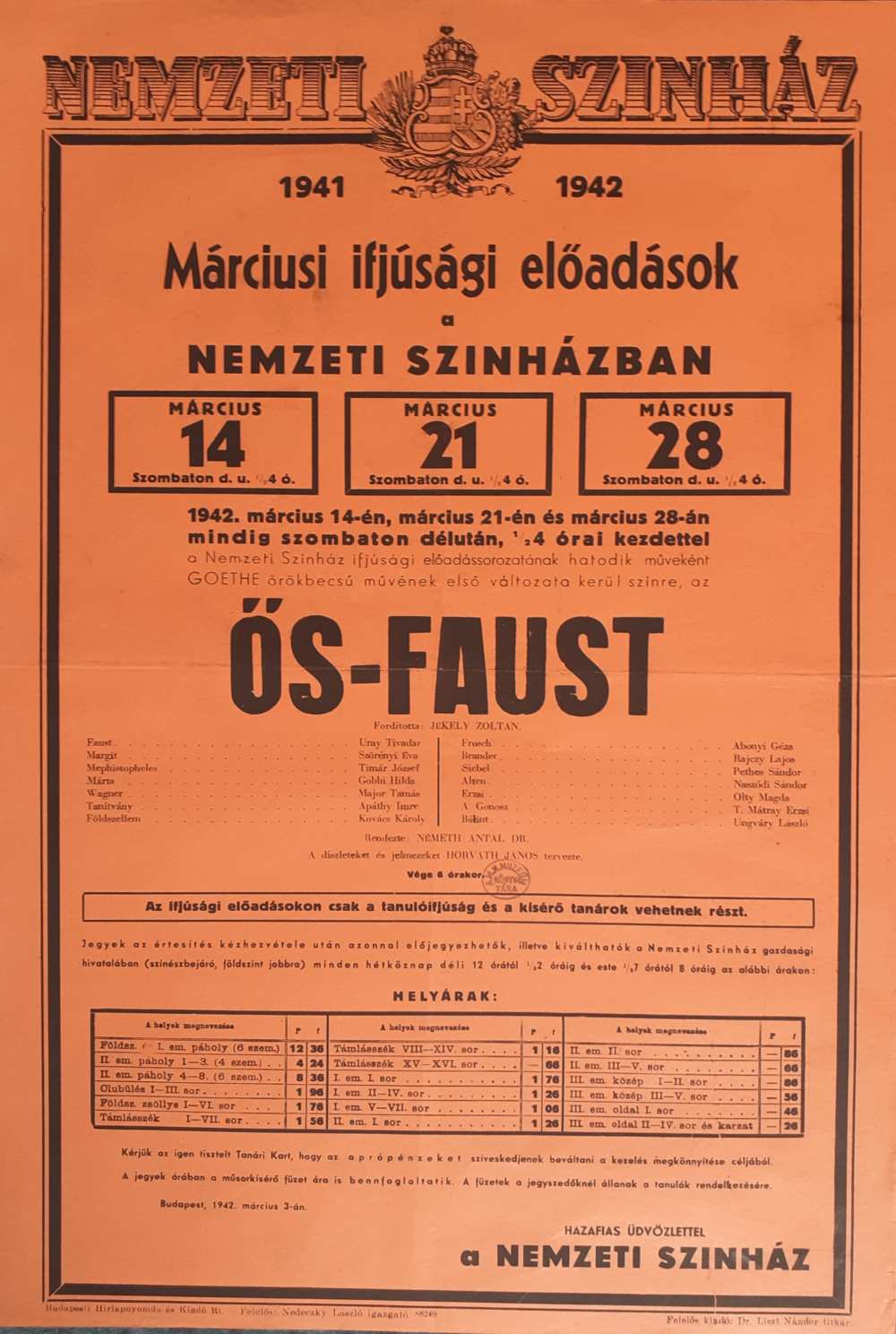 Ős-Faust. Ifjúsági előadás. Nemzeti Színház, 1942. március 14., 21., 28. Színlap – Színháztörténeti és Zeneműtár