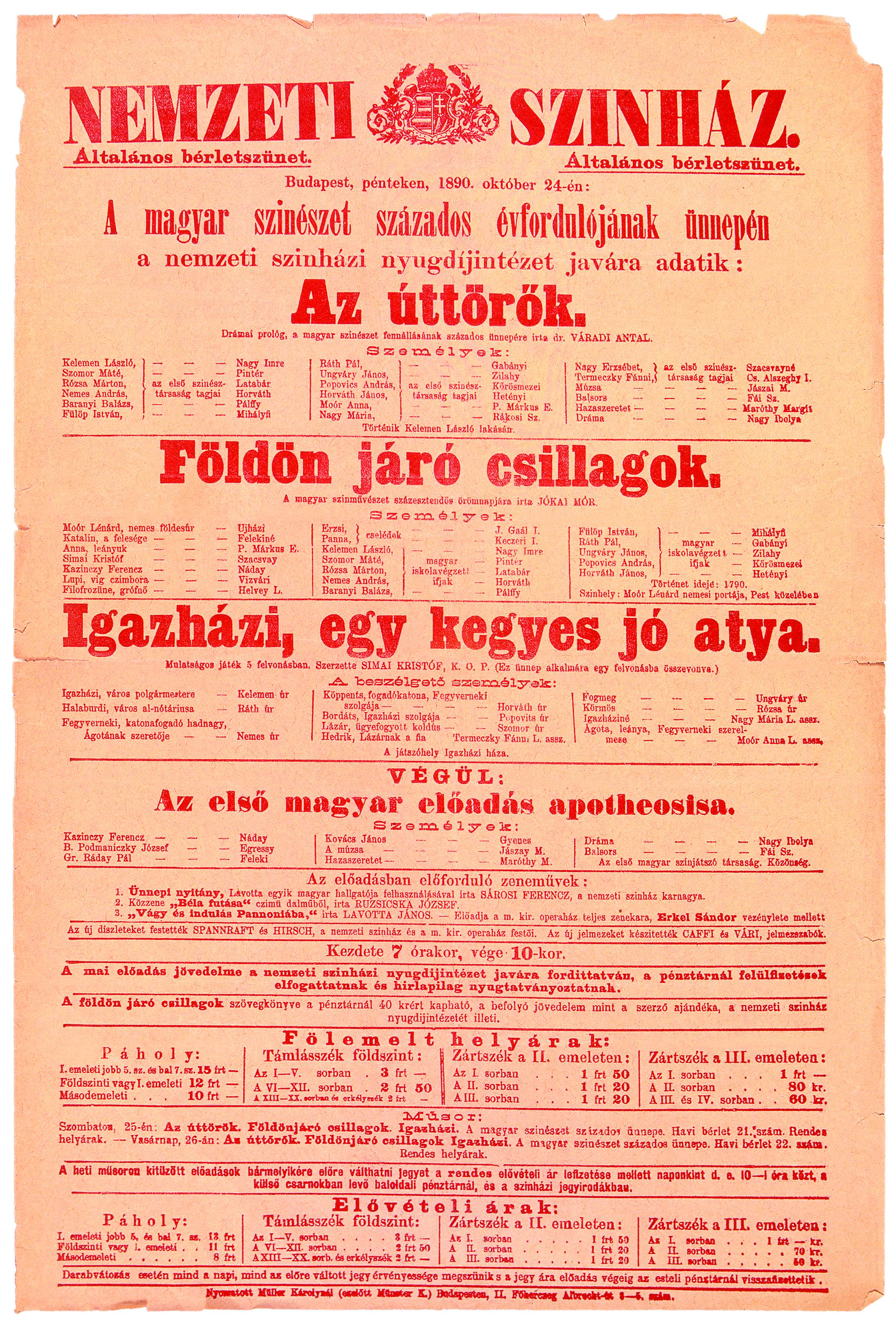 Színlap. Nemzeti Színház, 1890. okt. 24.
