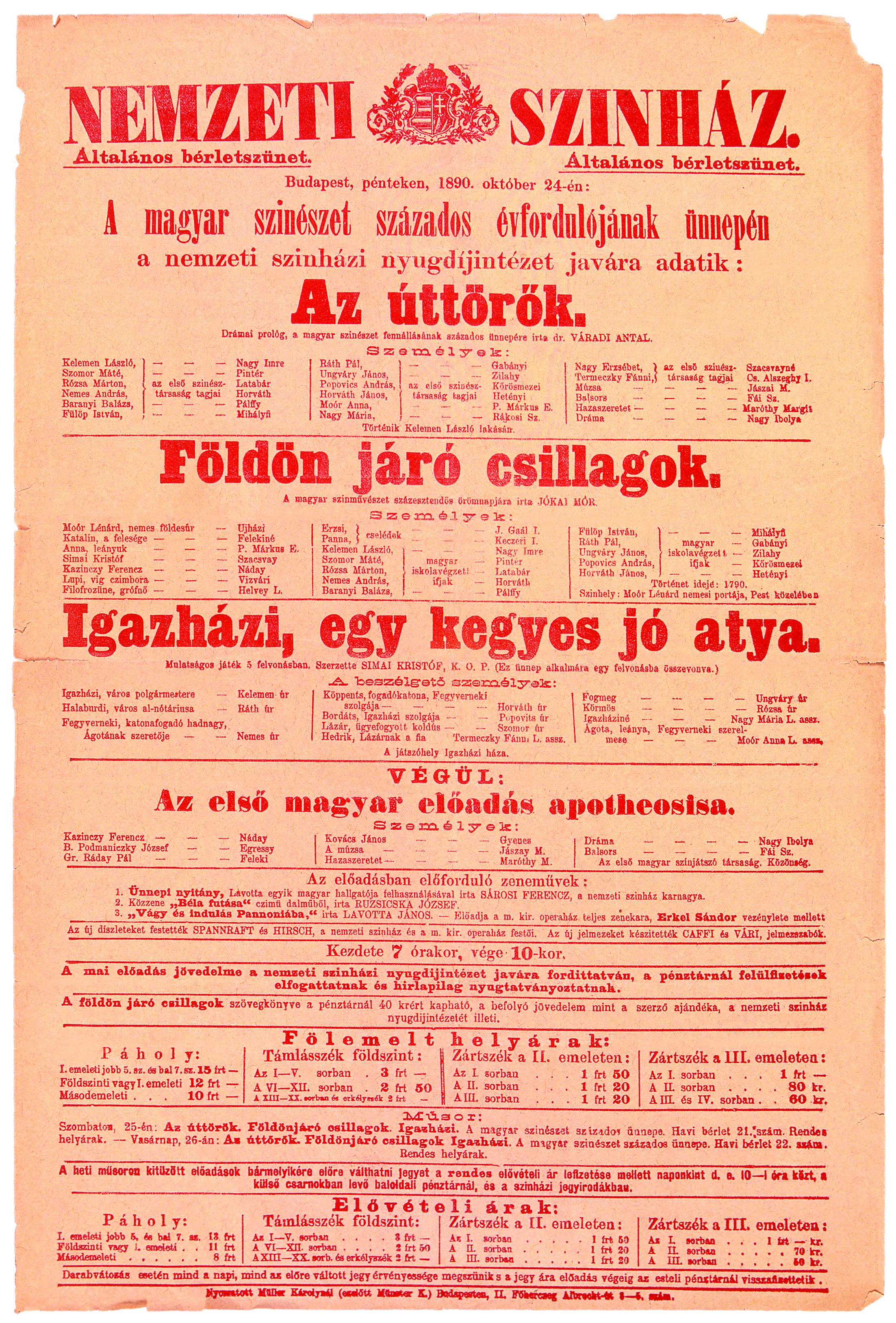 Színlap. Nemzeti Színház, 1890. okt. 24.