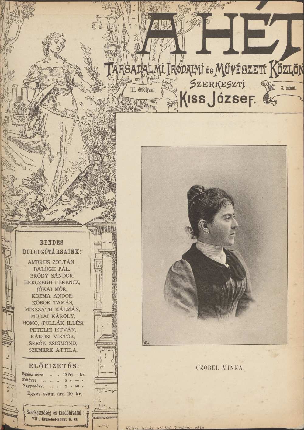 Czóbel Minka fényképe A Hét azon számának címlapján, amelyben Justh írt róla. In: A Hét, 1892. január 17. – Törzsgyűjtemény https://nektar.oszk.hu/hu/manifestation/978713