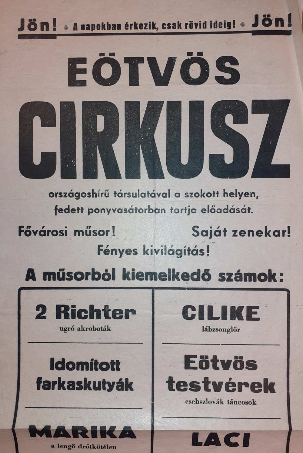 Az Eötvös Cirkusz színlapja. Gyöngyös, 1960. – Színháztörténeti és Zeneműtár