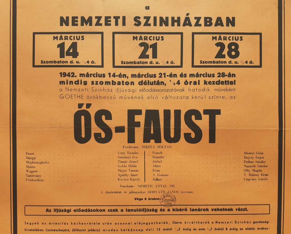 Ős-Faust. Ifjúsági előadás. Nemzeti Színház, 1942. március 14., 21., 28. Színlap. Részlet – Színháztörténeti és Zeneműtár