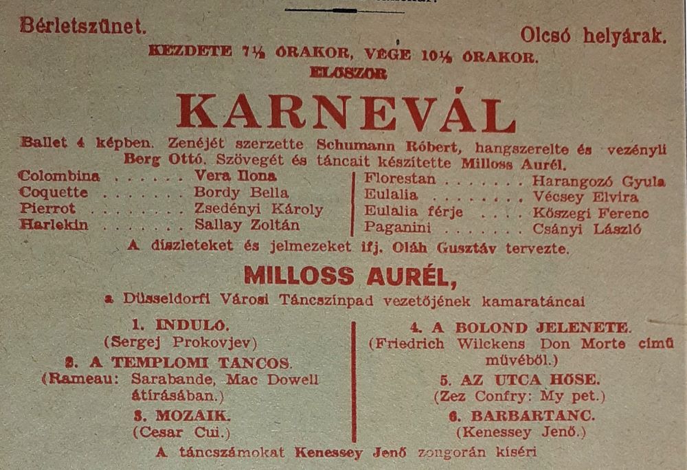 Schumann Róbert: Karnevál. Balett 4 képben. Az 1935. március 3-án, a Magyar Királyi Operaházban tartott bemutató színlapja. Színlapgyűjtemény, Operaház, 1935 – Színháztörténeti és Zeneműtár