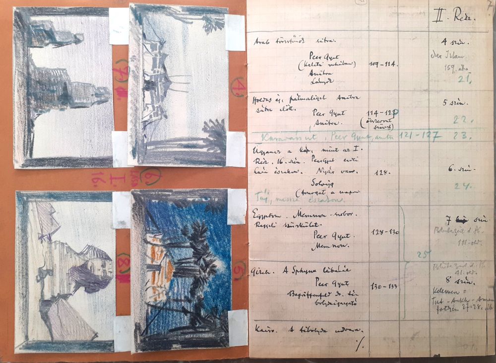 [Jaschik Álmos]: Peer Gynt, (színpadképek.) 1941. aug. 10. – Jaschik Álmos vázlatfüzete. II. rész, 4., 5., 6., 7., 8. szín. Jaschik limbus 22 – Színháztörténeti és Zeneműtár színháztörténeti gyűjteménye