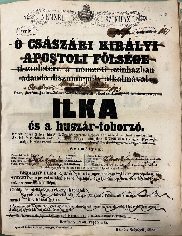 Doppler Ferenc: Ilka és a huszártoborzó, 1852. június 7. A Nemzeti Színház színlapja Stéger Ferenc vendégszerepléséről. A kép forrása: Magyar Digitális Képkönyvtár http://www.kepkonyvtar.hu/?docId=132092