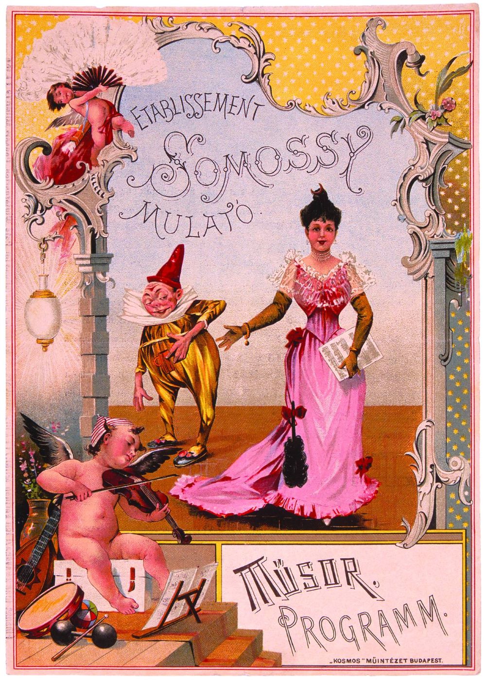 A Somossy Mulató műsorlapjának borítója, 1894. Sávely színezett litográfiája