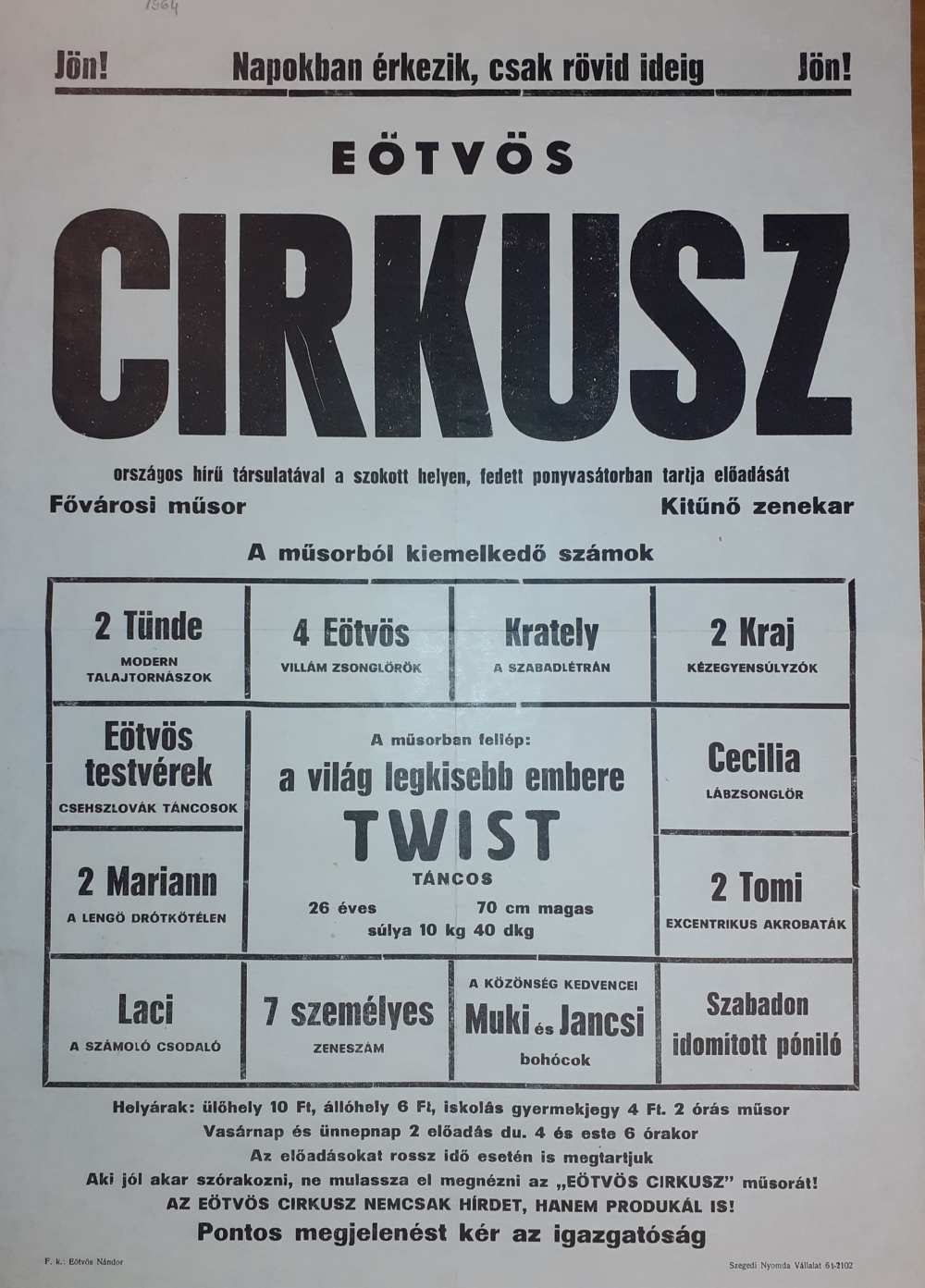 Az Eötvös Cirkusz színlapja. Szeged, 1964. – Színháztörténeti és Zeneműtár